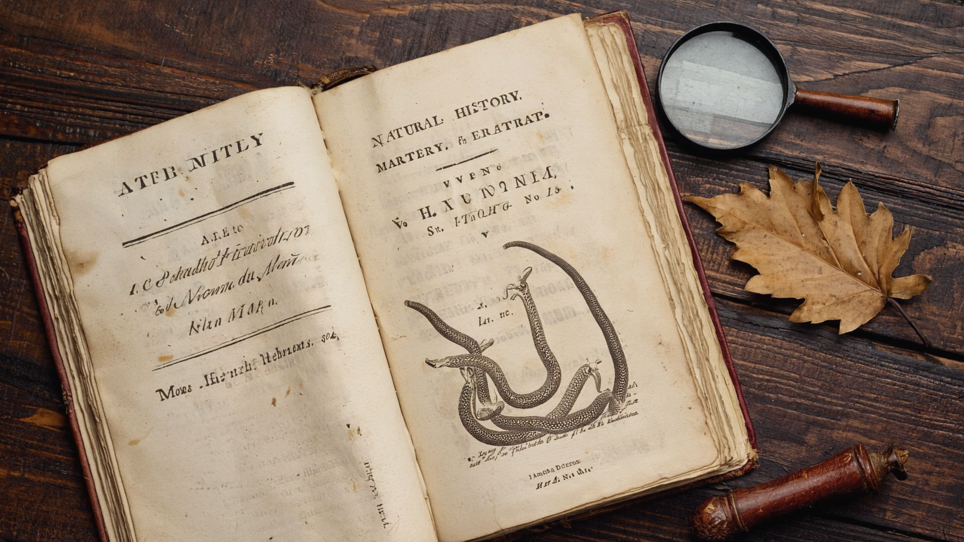 Aufgeschlagenes antiquarisches Naturkunde-Buch auf dunklem Holz mit handgeschriebenen Randnotizen