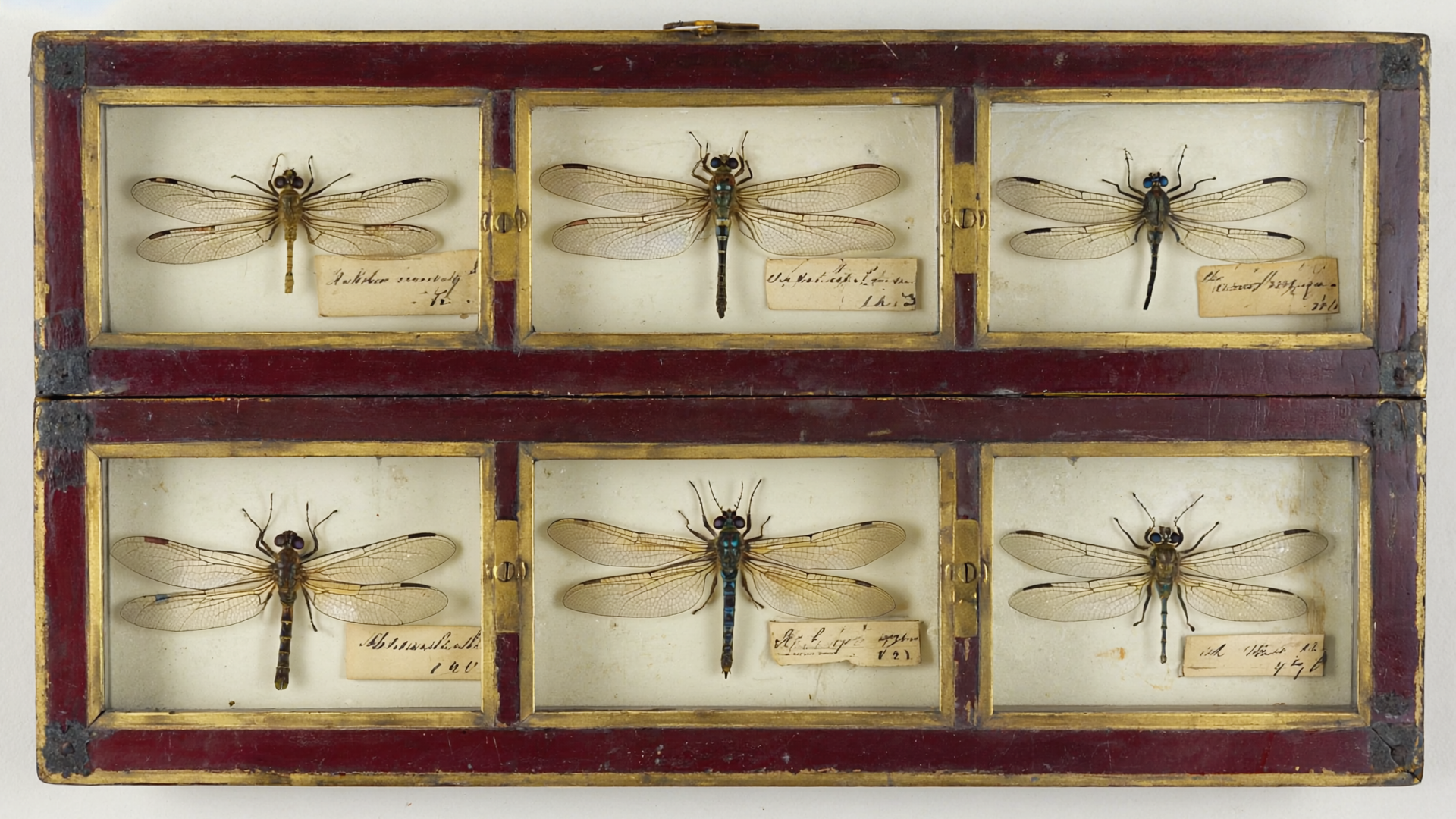 Viktorianische Insektenkabinett-Tafel mit sechs aufgesteckten Libellen in Glasrahmen