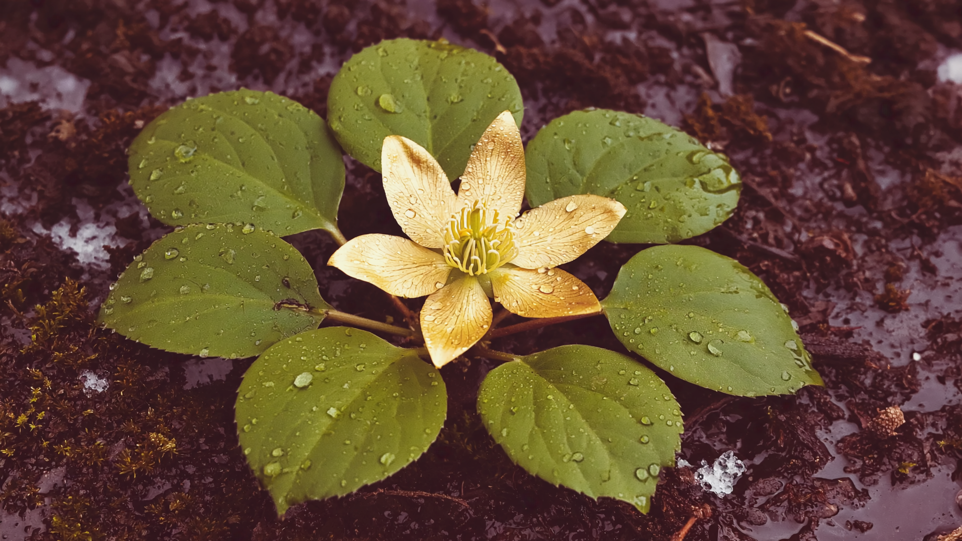 Blühende Sumpfdotterblume in goldgelber Detailaufnahme vor dunklem Erdgrund, viktorianische Botanik-Ästhetik